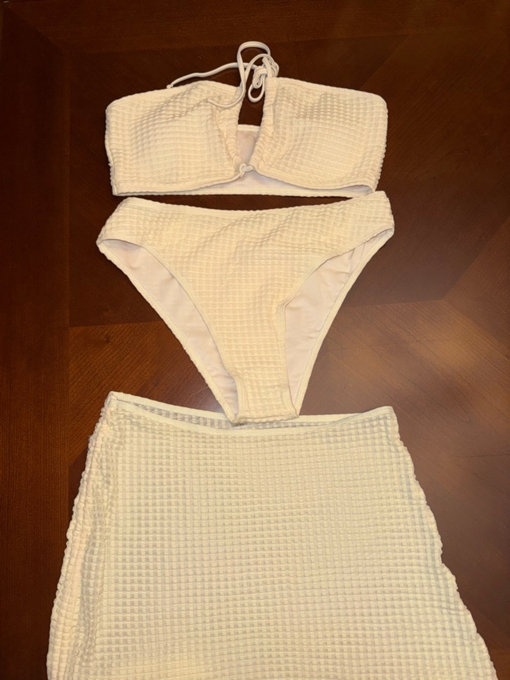 NEW: Shein Cream Textured Bandeau Bikini and Skirt Set